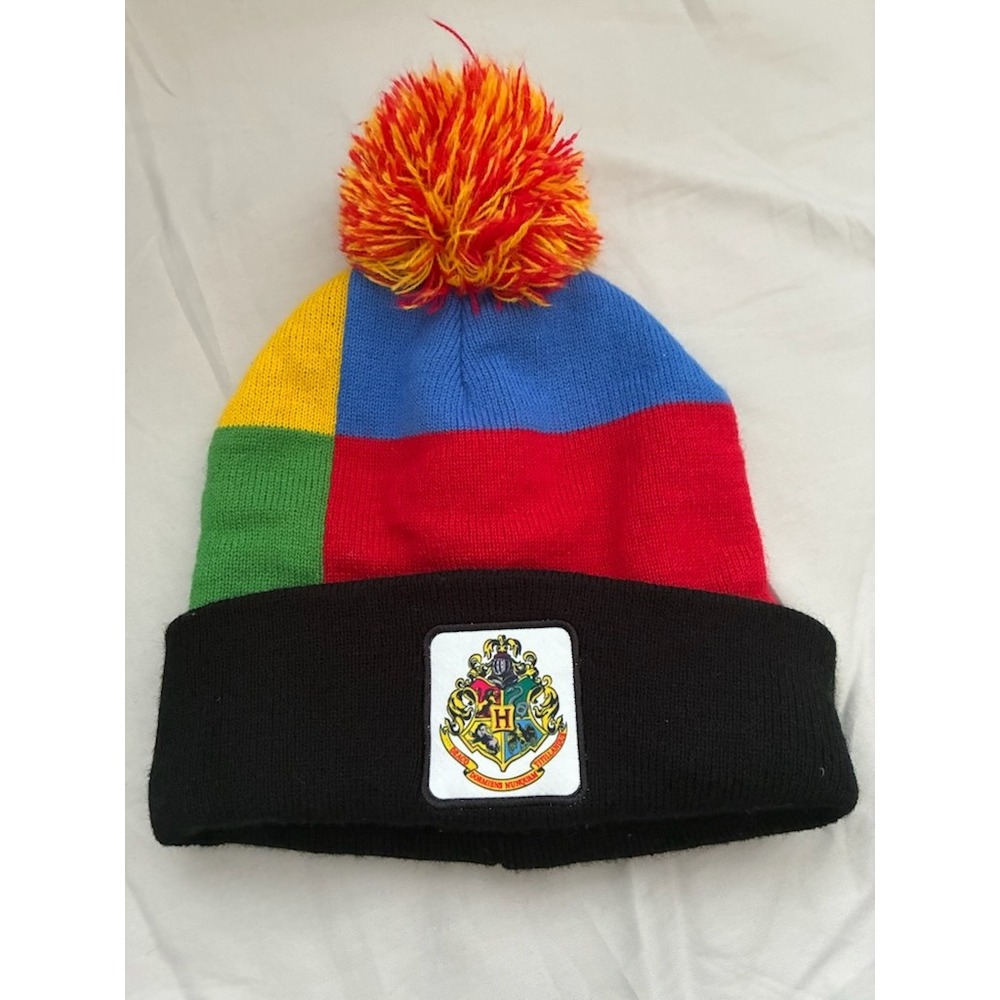 Harry Potter Hogwarts Crest Colorblock Beanie Knit Hat Pom Pom Multi Color House